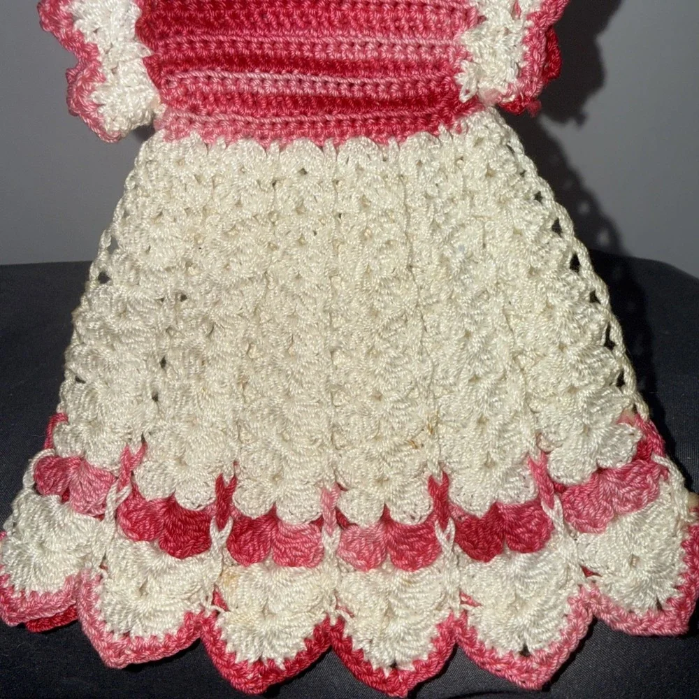 Vintage Crochet  White / Pink Bottle Dress - Trivet/Potholder  Ornament Preowned